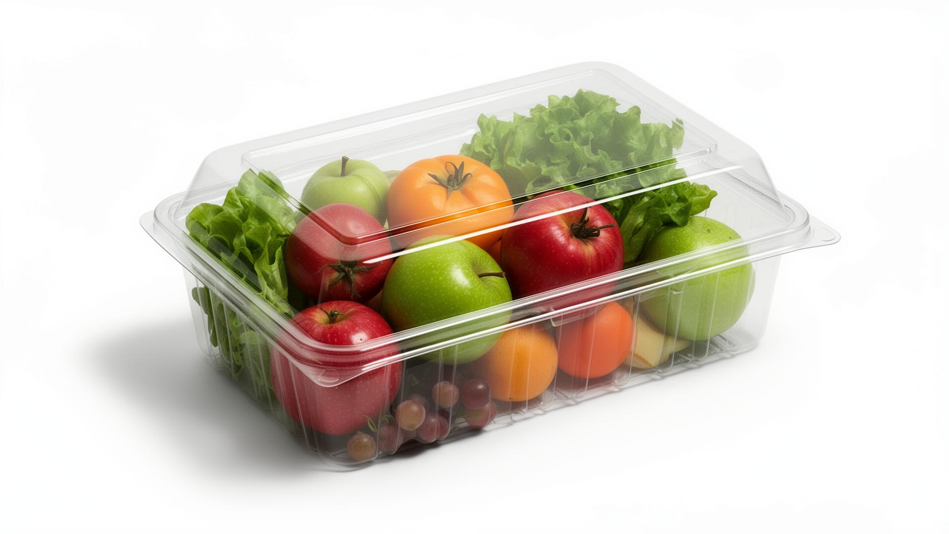 Embalagem biodegradável transparente com frutas e hortaliças